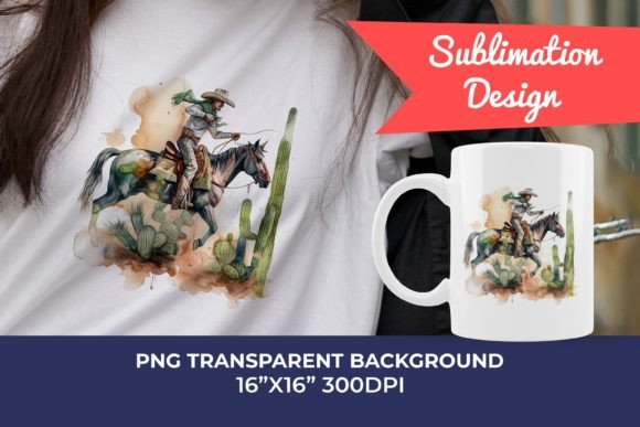 Watercolor Cowboy in Mountain Desert PNG